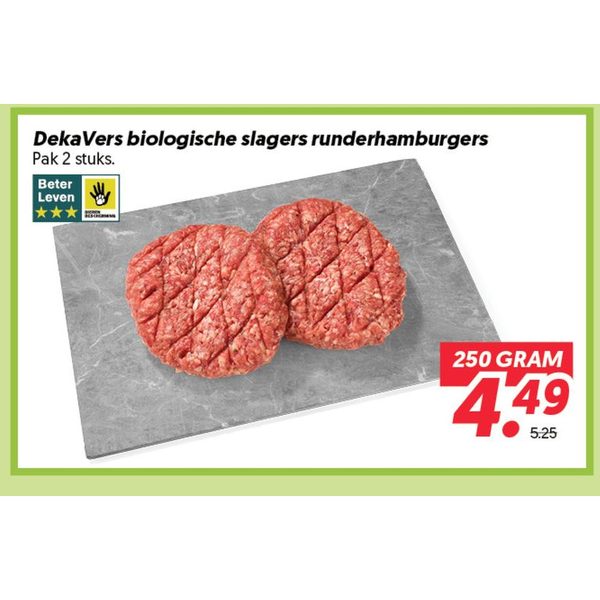 DekaVers biologische slagers runderhamburgers Pak 2 stuks.