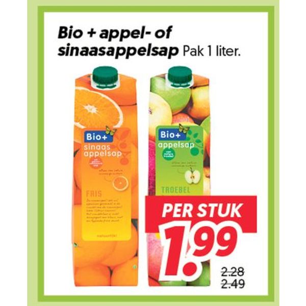Bio + appel- of sinaasappelsap Pak 1 liter.