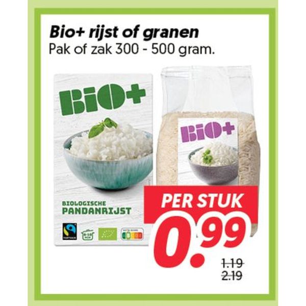 Bio+ rijst of granen Pak of zak 300 - 500 gram.