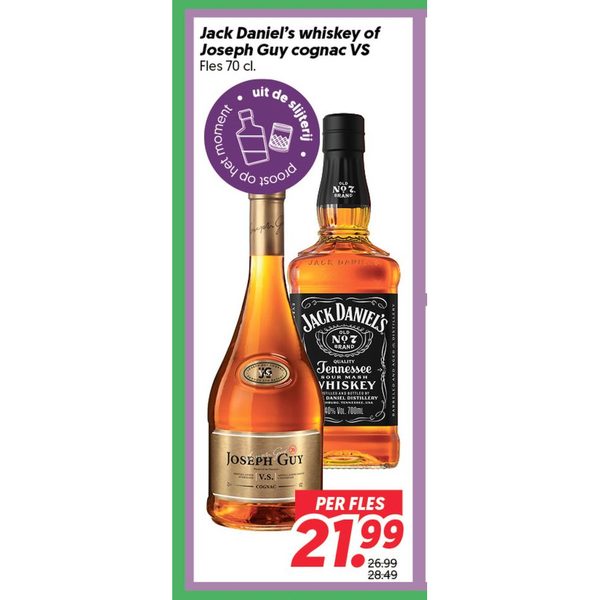 Jack Daniel's whiskey of Joseph Guy cognac VS Fles 70 cl.