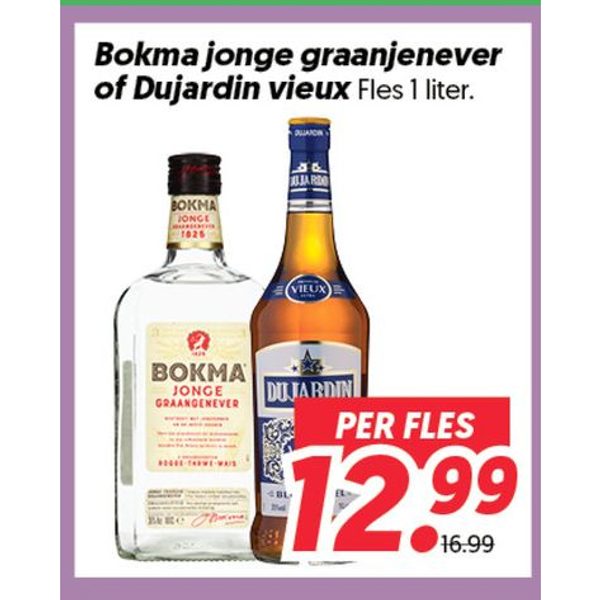 Bokma jonge graanjenever of Dujardin vieux Fles 1 liter.