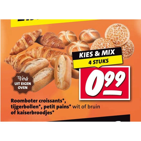 Roomboter croissants, tijgerbollen, petit pains wit of bruin of kaiserbroodjes