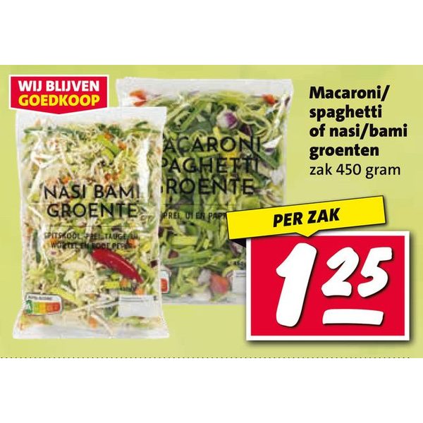 Macaroni/spaghetti of nasi/bami groenten