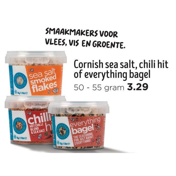 Cornish sea salt, chili hit of everything bagel