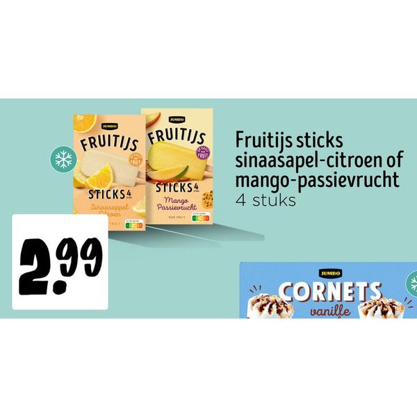 Fruitijs sticks sinaasappel-citroen of mango-passievrucht
