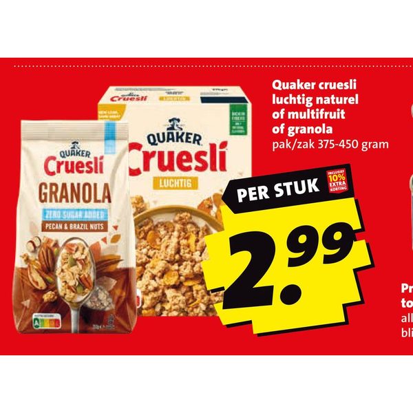 Quaker cruesli luchtig naturel of multifruit of granola