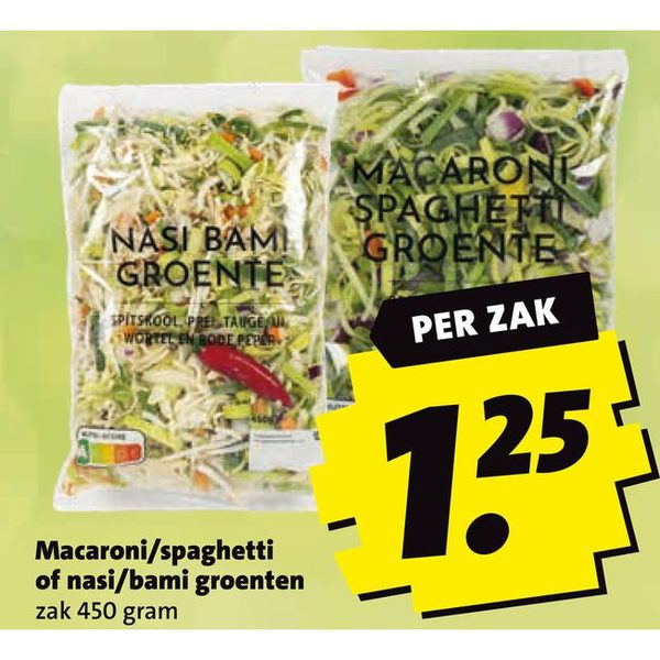 Macaroni/spaghetti of nasi/bami groenten