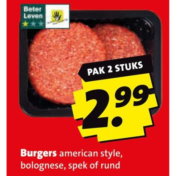 Burgers american style, bolognese, spek of rund