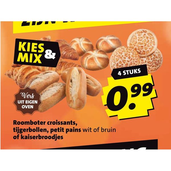 Roomboter croissants, tijgerbollen, petit pains wit of bruin of kaiserbroodjes
