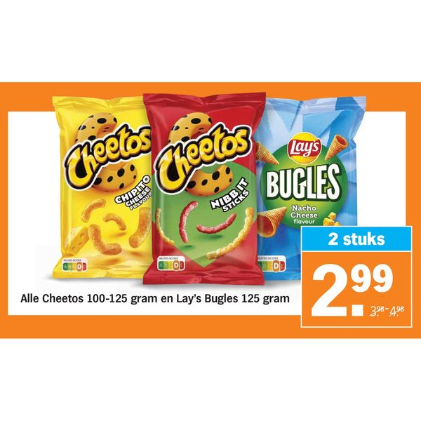 Alle Cheetos 100-125 gram en Lay’s Bugles 125 gram