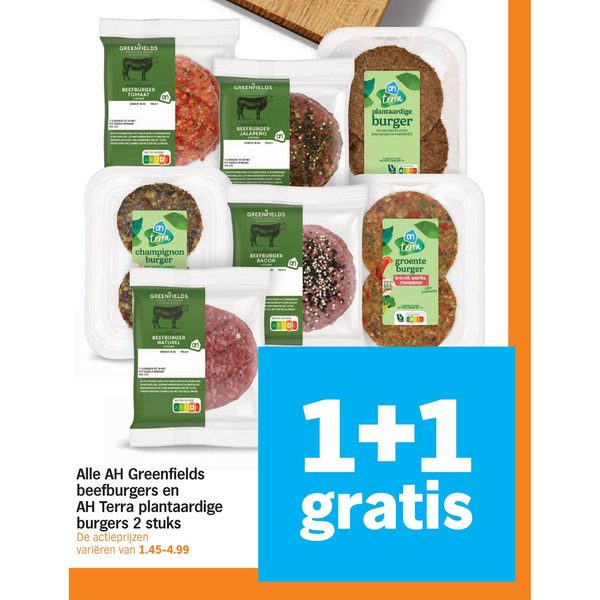 Alle AH Greenfields beefburgers en AH Terra plantaardige burgers 2 stuks