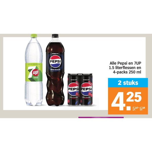 Alle Pepsi en 7UP 1.5 literflessen en 4-packs 250 ml