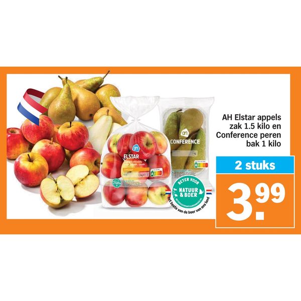 AH Elstar appels zak 1.5 kilo en Conference peren bak 1 kilo