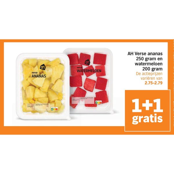 AH Verse ananas 250 gram en watermeloen 200 gram