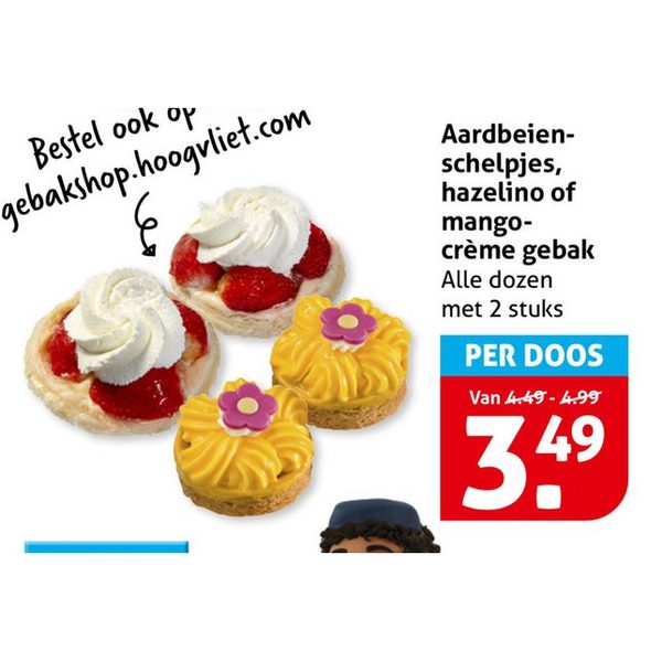 Aardbeien- schelpjes, hazelino of mango- crème gebak