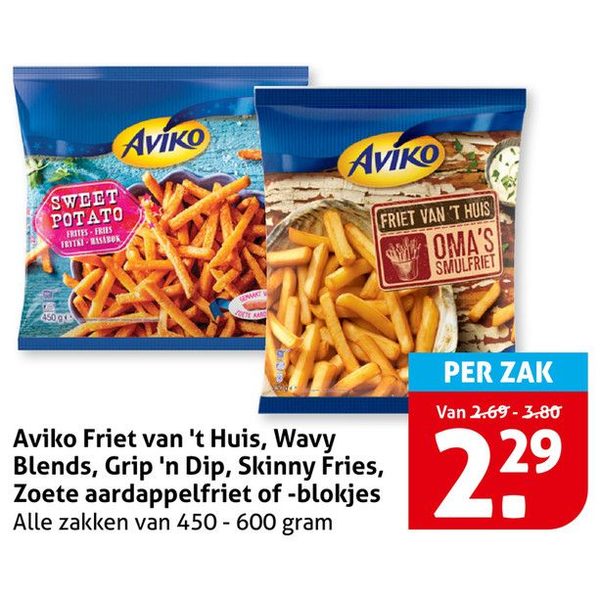 Aviko Friet van 't Huis, Wavy Blends, Grip 'n Dip, Skinny Fries, Zoete aardappelfriet of -blokjes