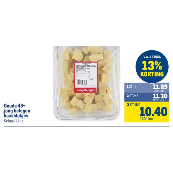 Gouda 48+ jong belegen kaasblokjes Schaal 1 kilo