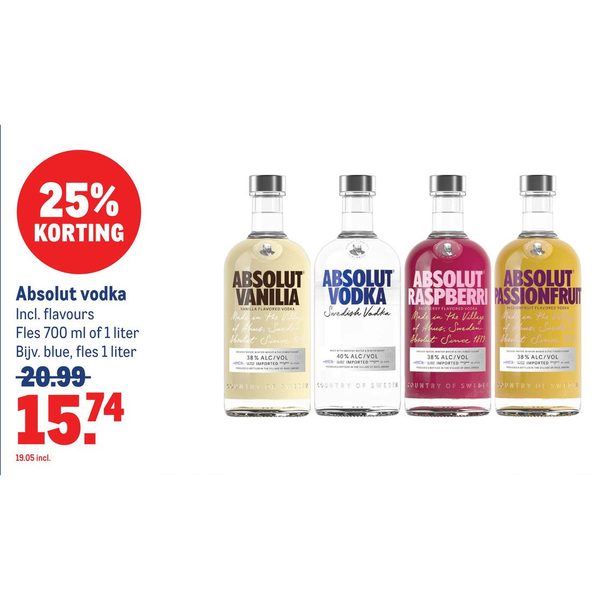 Absolut vodka Incl. flavours