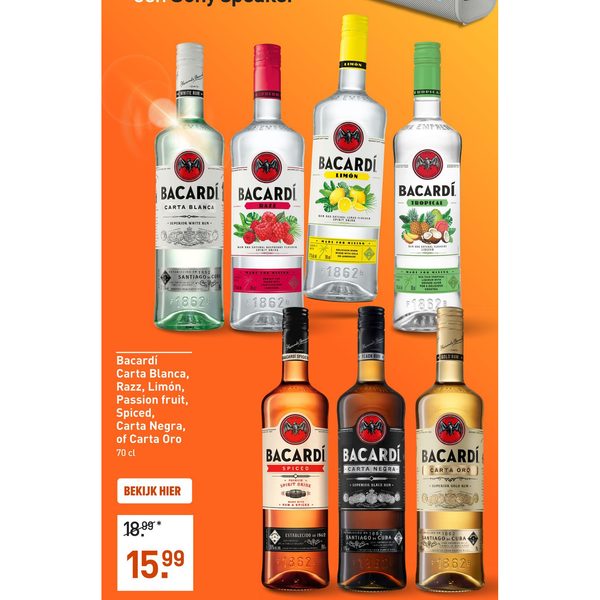 Bacardí Carta Blanca, Razz, Limón, Passion fruit, Spiced, Carta Negra, of Carta Oro