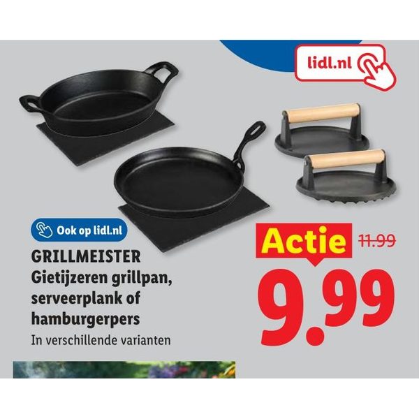 Gietijzeren grillpan, serveerplank of hamburgerpers