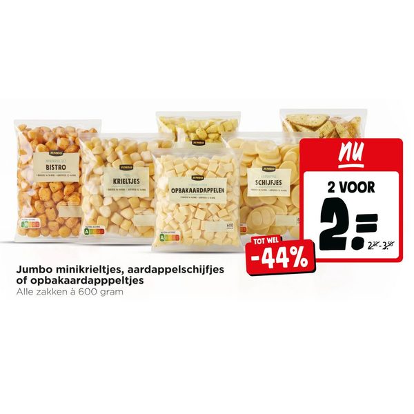 Jumbo minikrieltjes, aardappelschijfjes of opbakaardapppeltjes