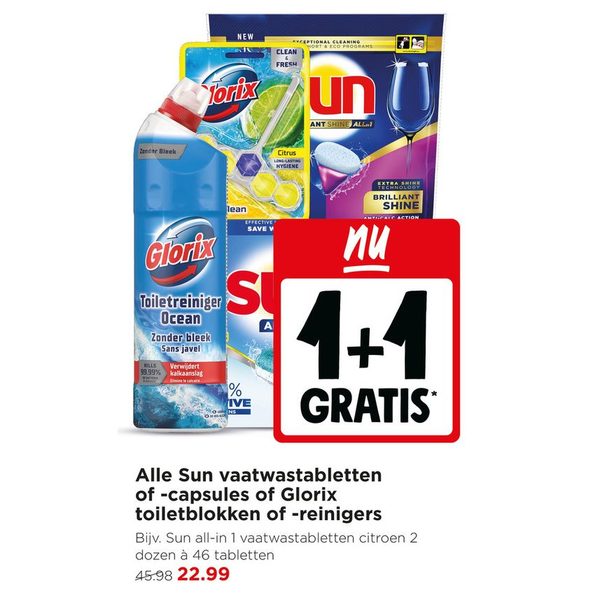 Alle Sun vaatwastabletten of -capsules of Glorix toiletblokken of -reinigers