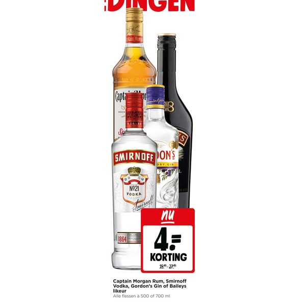 Captain Morgan Rum, Smirnoff Vodka, Gordon's Gin of Baileys likeur