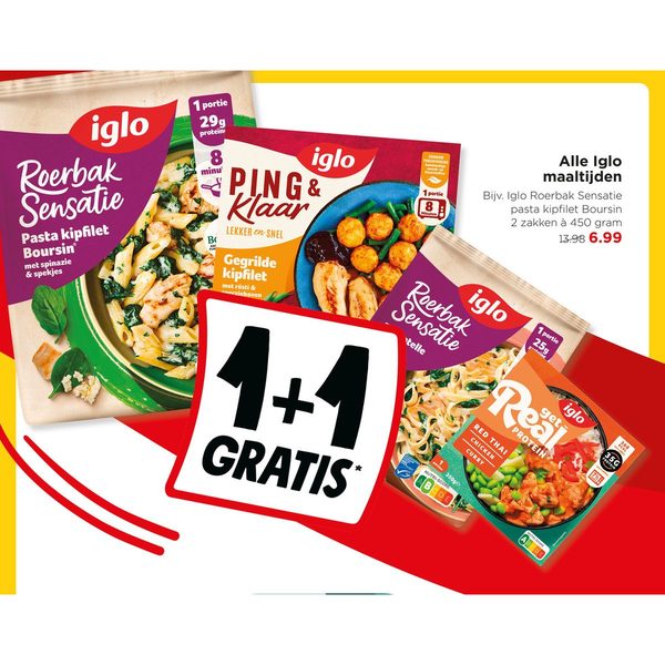 Alle Iglo maaltijden (bijv. Roerbak Sensatie pasta kipfilet Boursin)