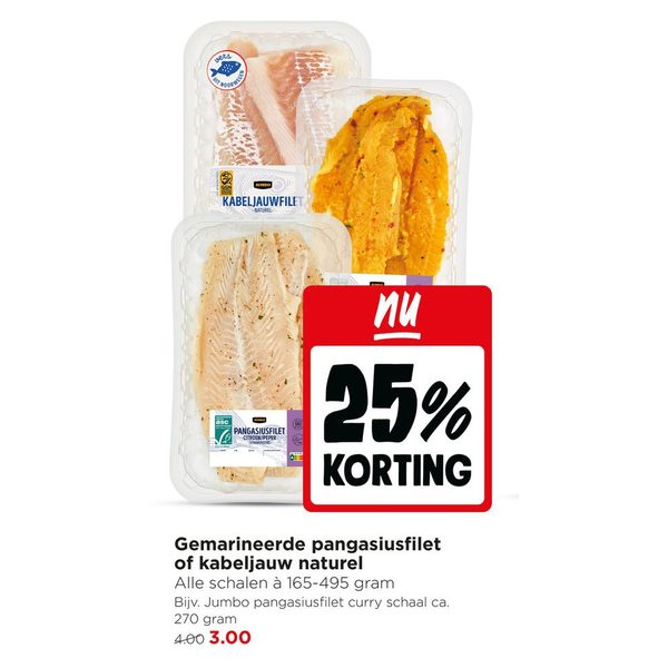 Gemarineerde pangasiusfilet of kabeljauw naturel