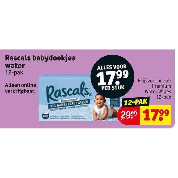 Rascals babydoekjes water 12-pak