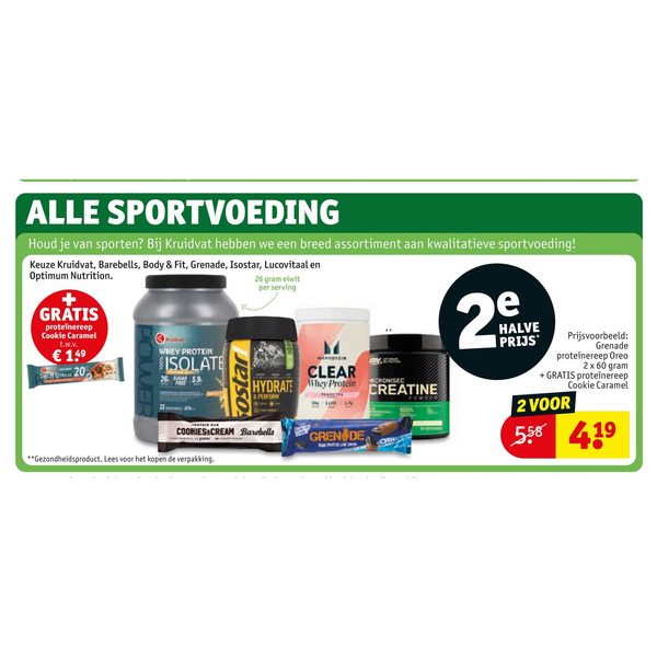 Alle Sportvoeding Keuze Kruidvat, Barebells, Body & Fit, Grenade, Isostar, Lucovitaal en Optimum Nutrition.