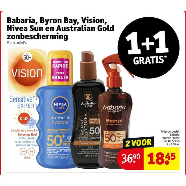 Babaria, Byron Bay, Vision, Nivea Sun en Australian Gold zonbescherming