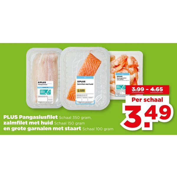 Pangasiusfilet, zalmfilet met huid en grote garnalen met staart
