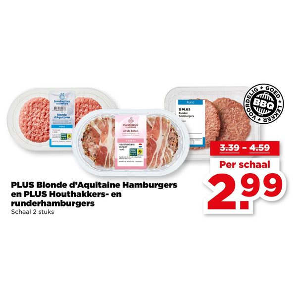 PLUS Blonde d'Aquitaine Hamburgers en PLUS Houthakkers- en runderhamburgers