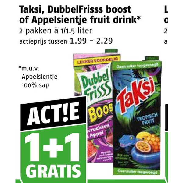 Taksi, DubbelFrisss boost of Appelsientje fruit drink