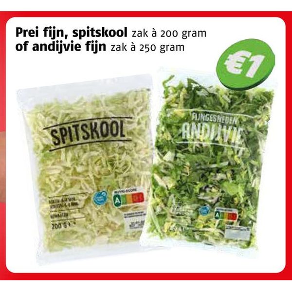 Prei fijn, spitskool zak à 200 gram of andijvie fijn zak à 250 gram