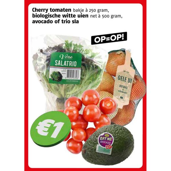 Cherry tomaten, biologische witte uien, avocado of trio sla
