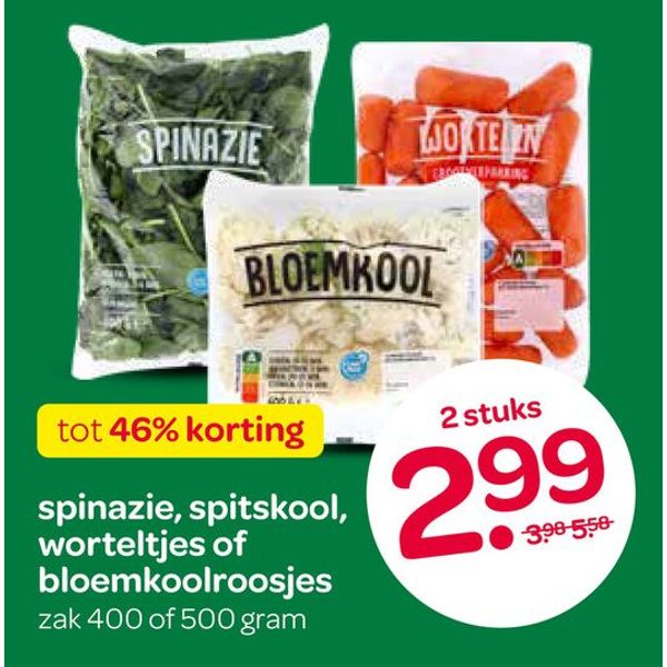 Spinazie, splitskool, worteltjes of bloemkoolroosjes