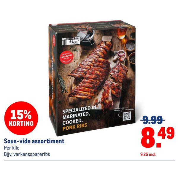 Sous-vide assortiment, Bijv. varkensspareribs