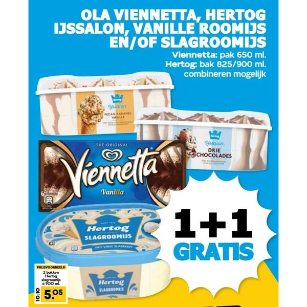 OLA VIENNETTA, HERTOG IJSSALON, VANILLE ROOMIJS EN/OF SLAGROOMIJS