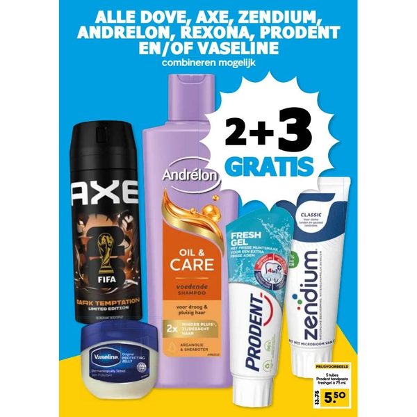 Alle Dove, Axe, Zendium, Andrelon, Rexona, Prodent en/of Vaseline